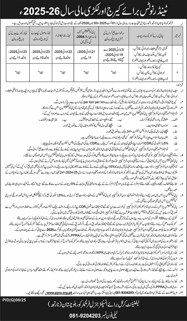 Frontier Corps Balochistan Tender Notice
